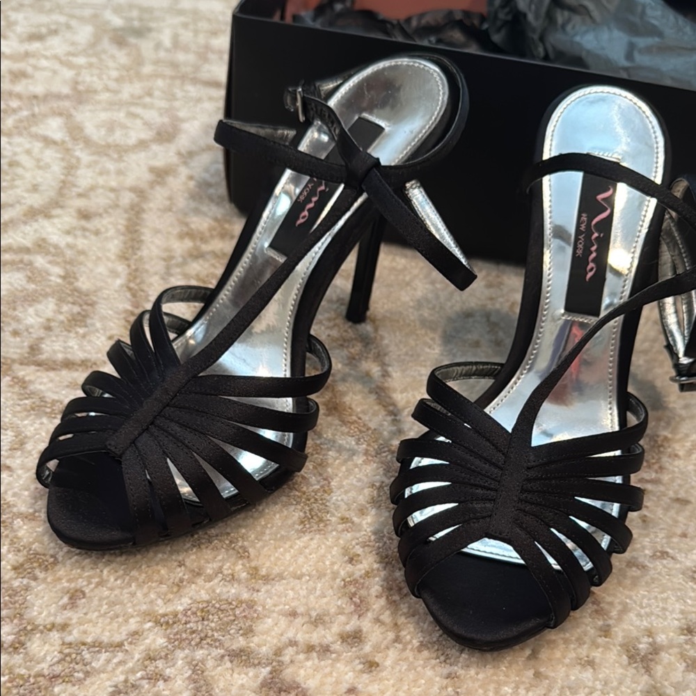 Nina Black Satin Stiletto Heels with t-strap/ankle design. 7M